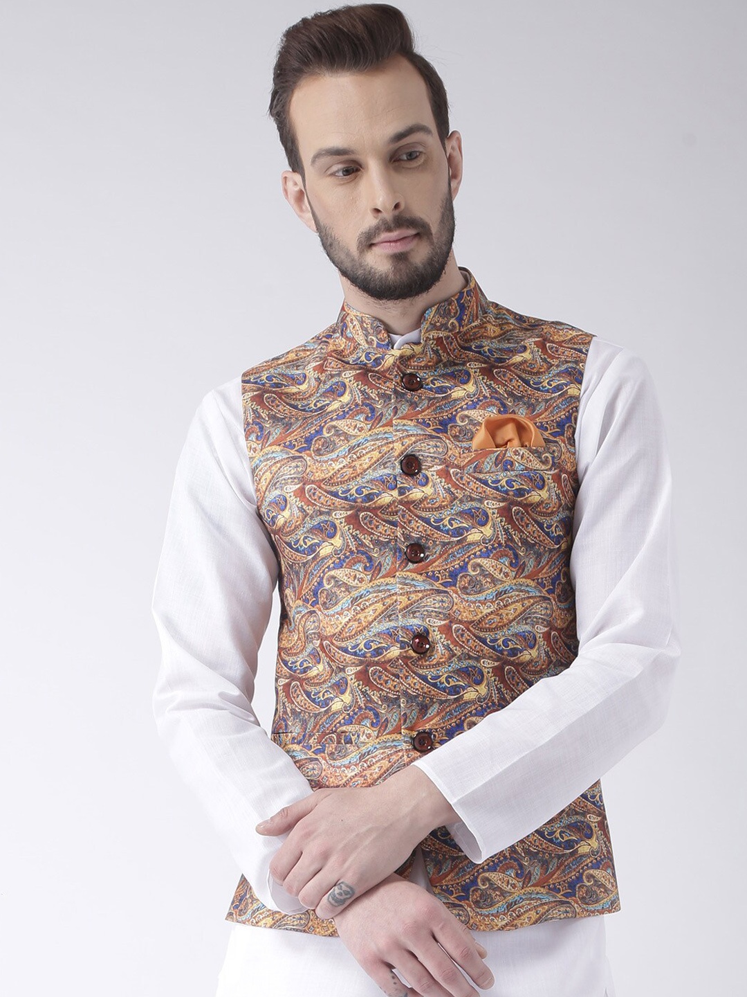 

Hangup Men Printed Nehru Jacket, Beige