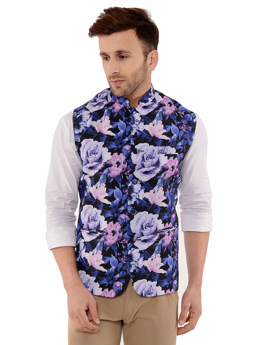 

Hangup Men Printed Woven Nehru Jacket, Blue