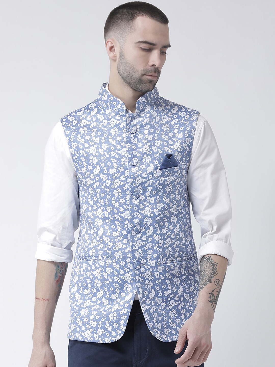 

Hangup Men Printed Woven Nehru Jackets, Blue