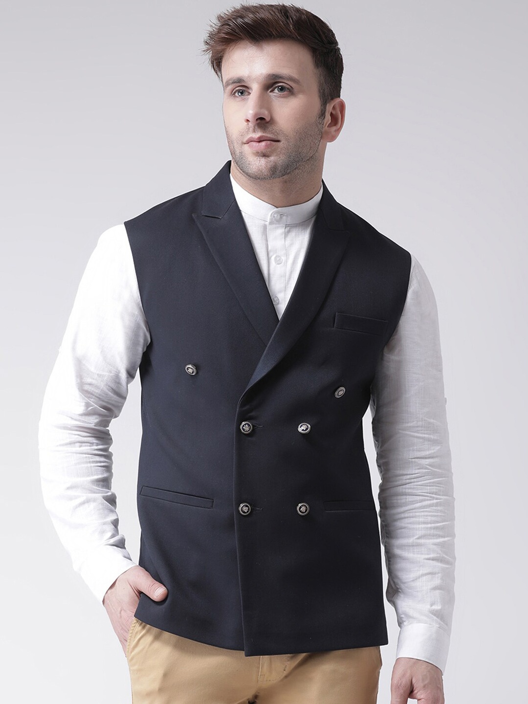 Hangup Men Formal Waist Coat, Navy blue