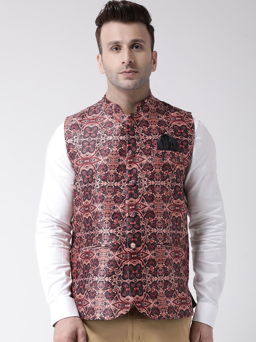 

Hangup Men Printed Woven Nehru Jacket, Brown