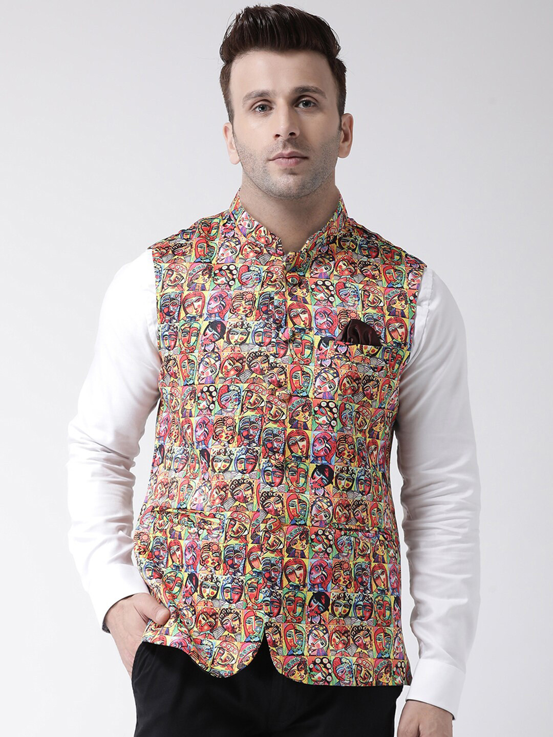

Hangup Men Printed Woven Nehru Jacket, Yellow