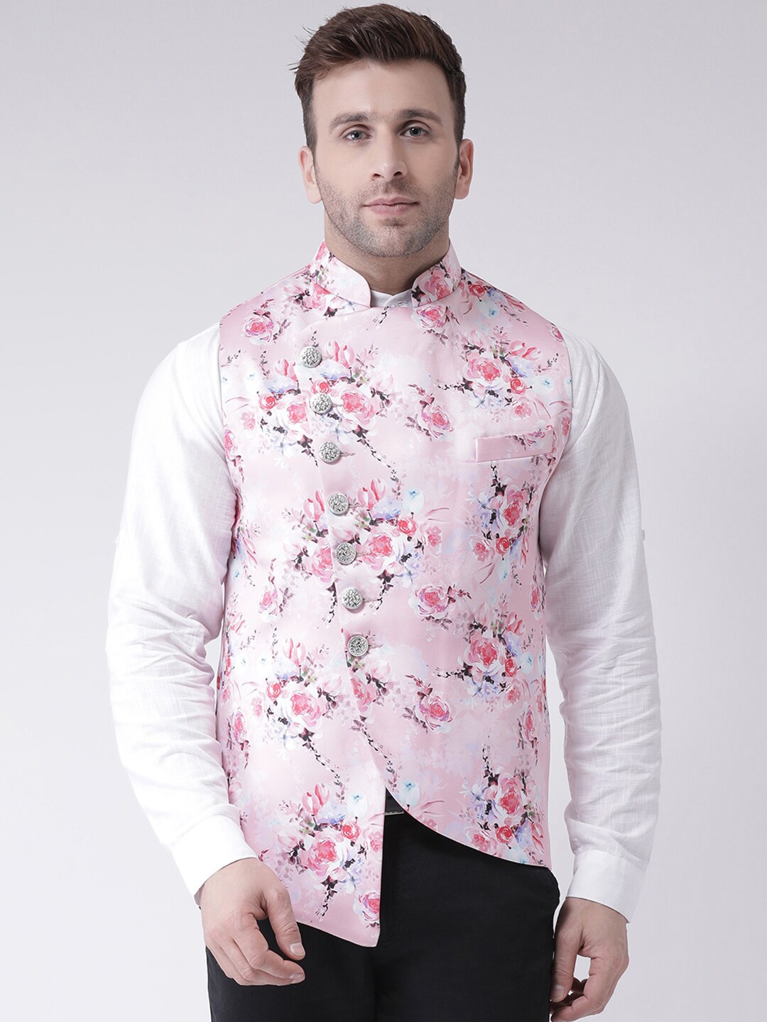 

Hangup Men Printed Woven Nehru Jacket, Pink