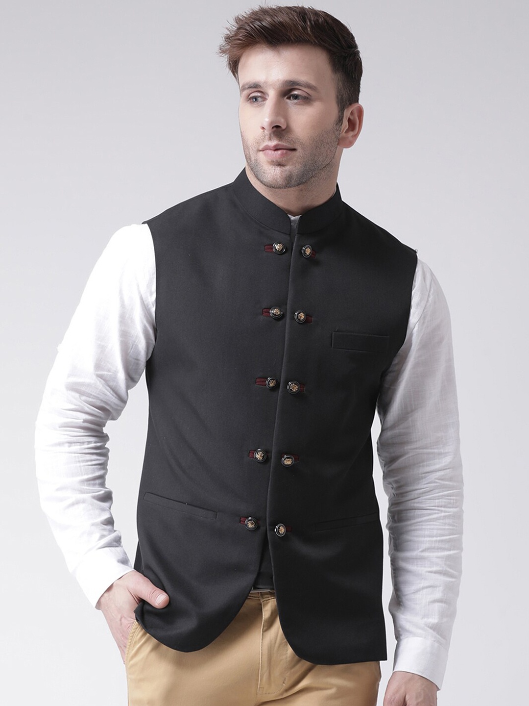 

Hangup Men Woven Nehru Jacket, Black