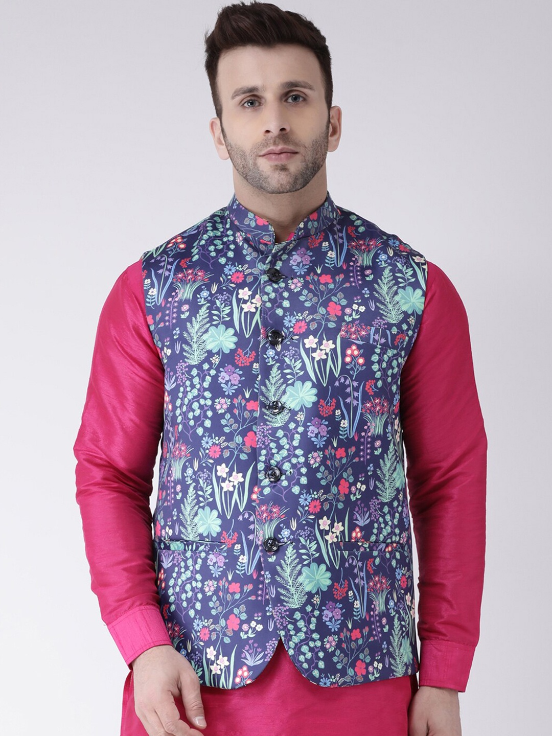 

Hangup Men Printed Woven Nehru Jacket, Blue