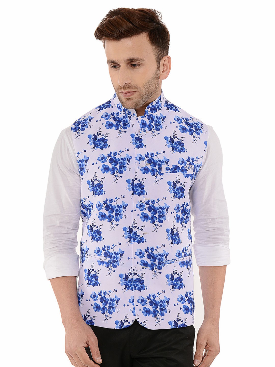 

Hangup Men Printed Floral Woven Nehru Jackets, White