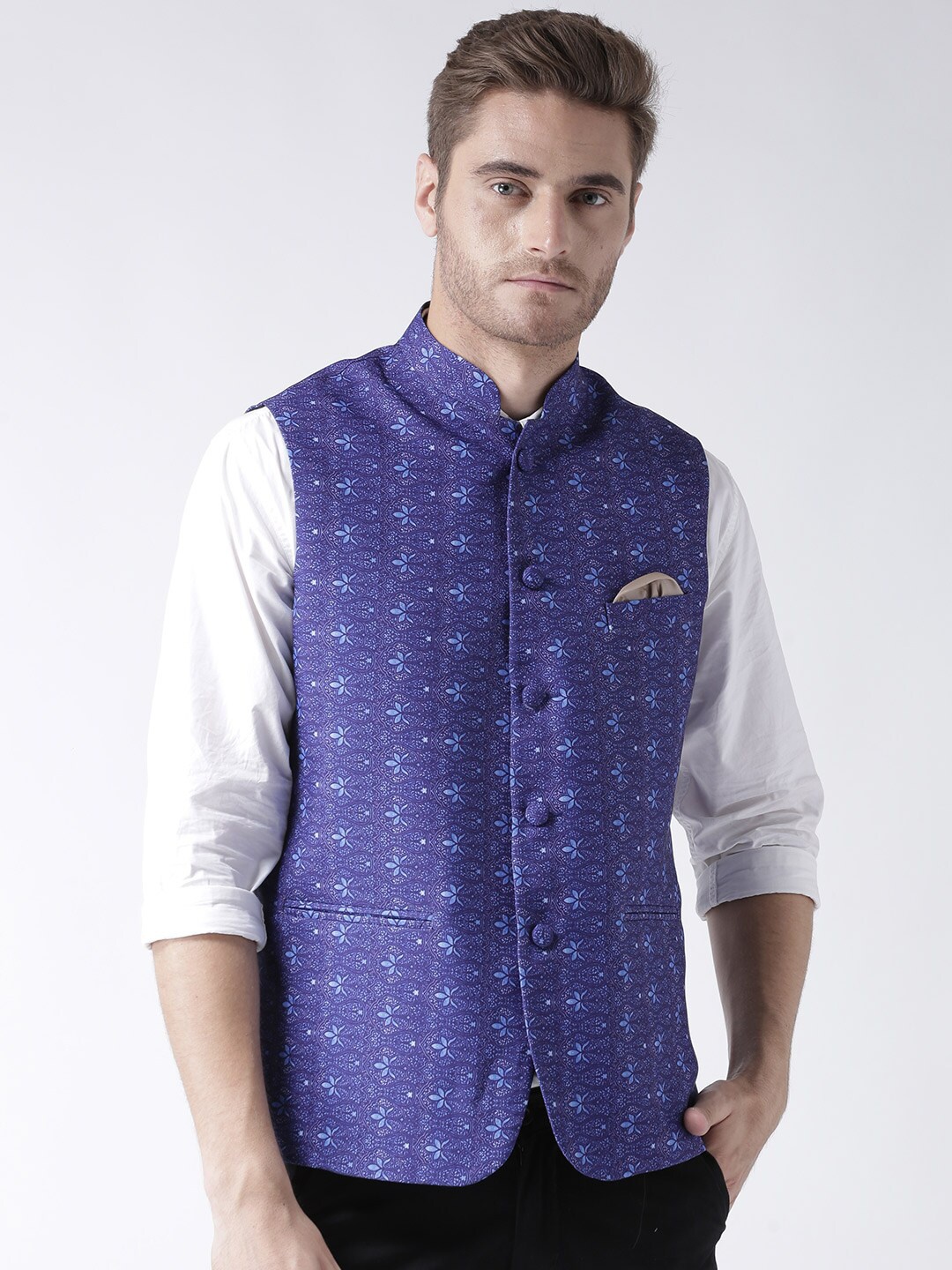 

Hangup Men Printed Floral Woven Nehru Jacket, Blue