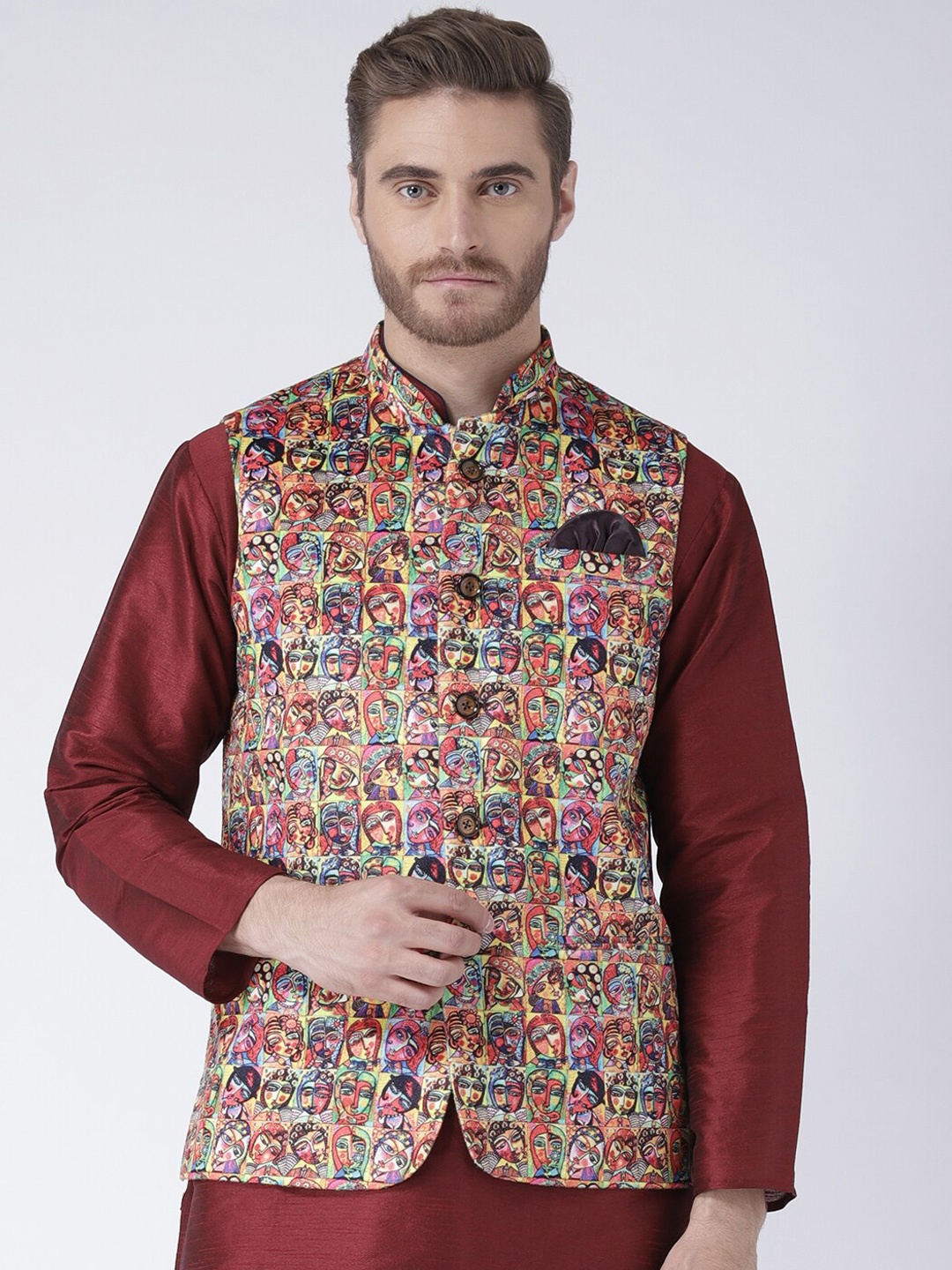 

Hangup Men Printed Sleeveless Nehru Jacket, Red