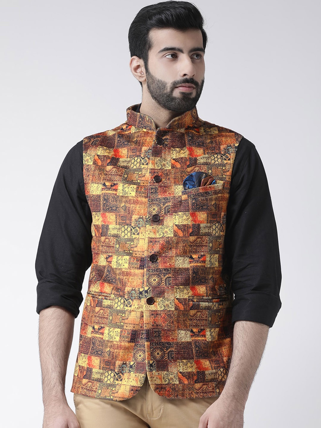 

Hangup Men Printed Woven Nehru Jacket, Beige