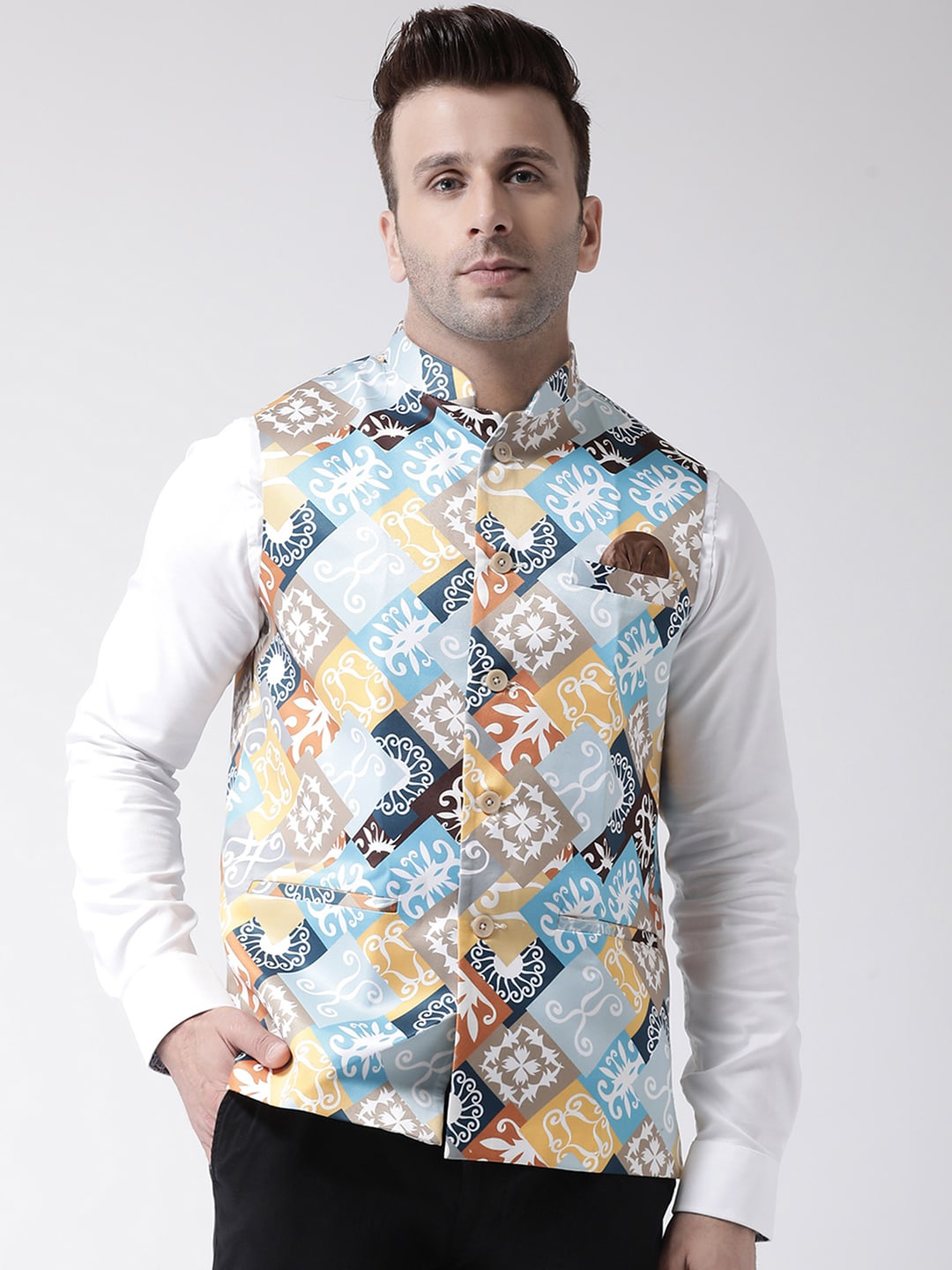 

Hangup Men Printed Nehru Jacket, Blue