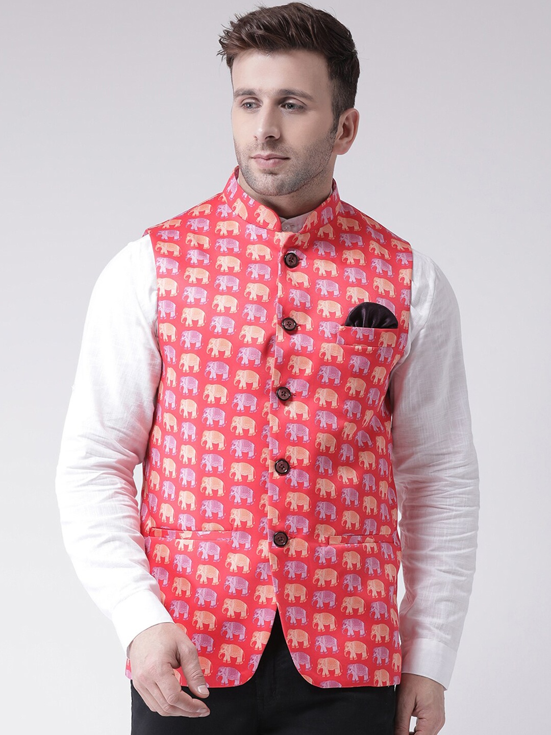 

Hangup Men Printed Woven Nehru Jacket, Pink