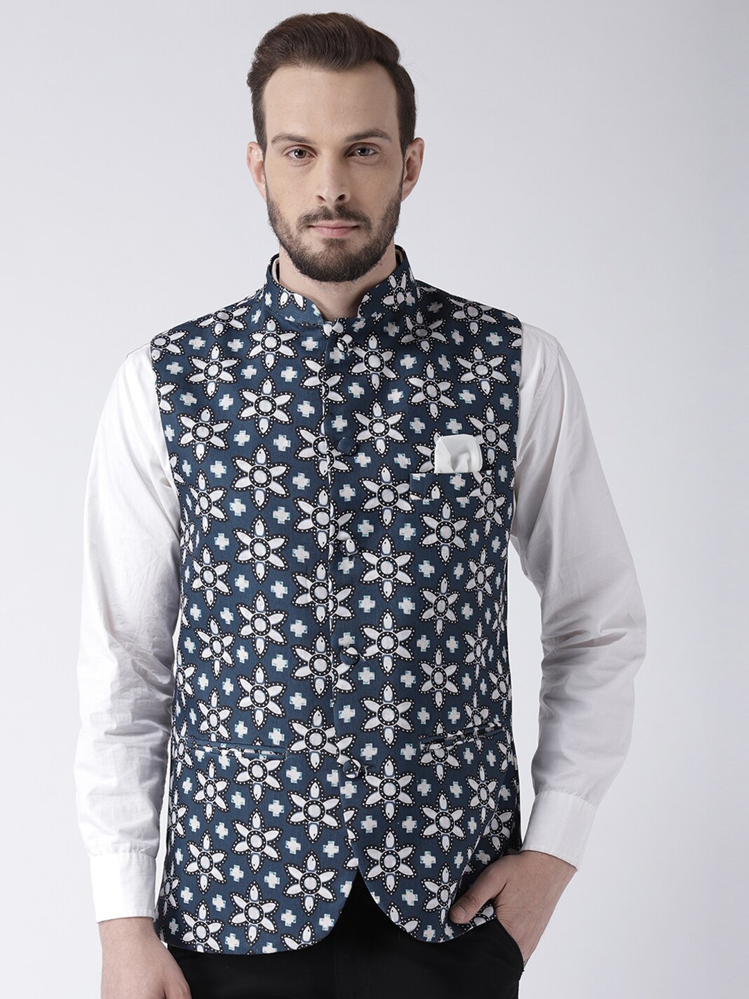 

Hangup Men Printed Woven Nehru Jacket, Teal