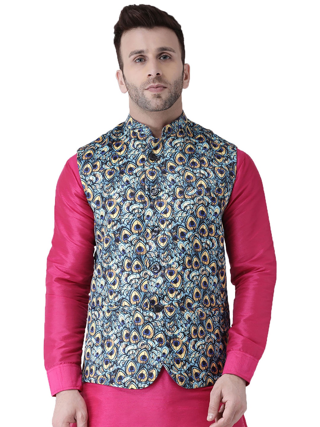 

Hangup Men Printed Nehru Jacket, Blue
