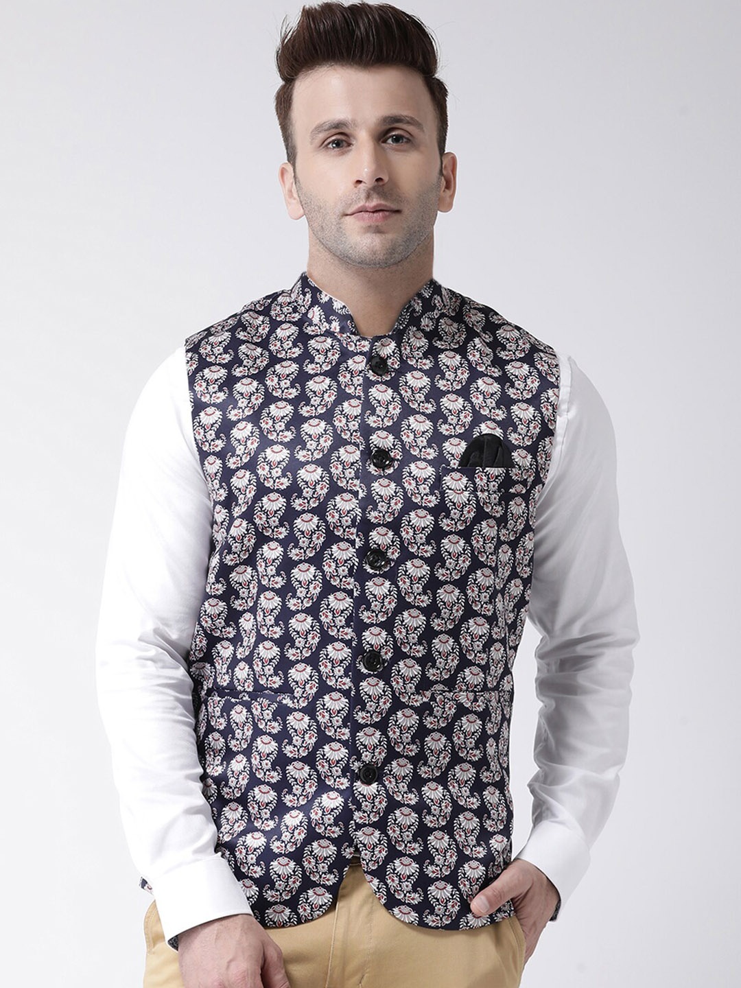 

hangup Men Printed Nehru Jacket, Navy blue
