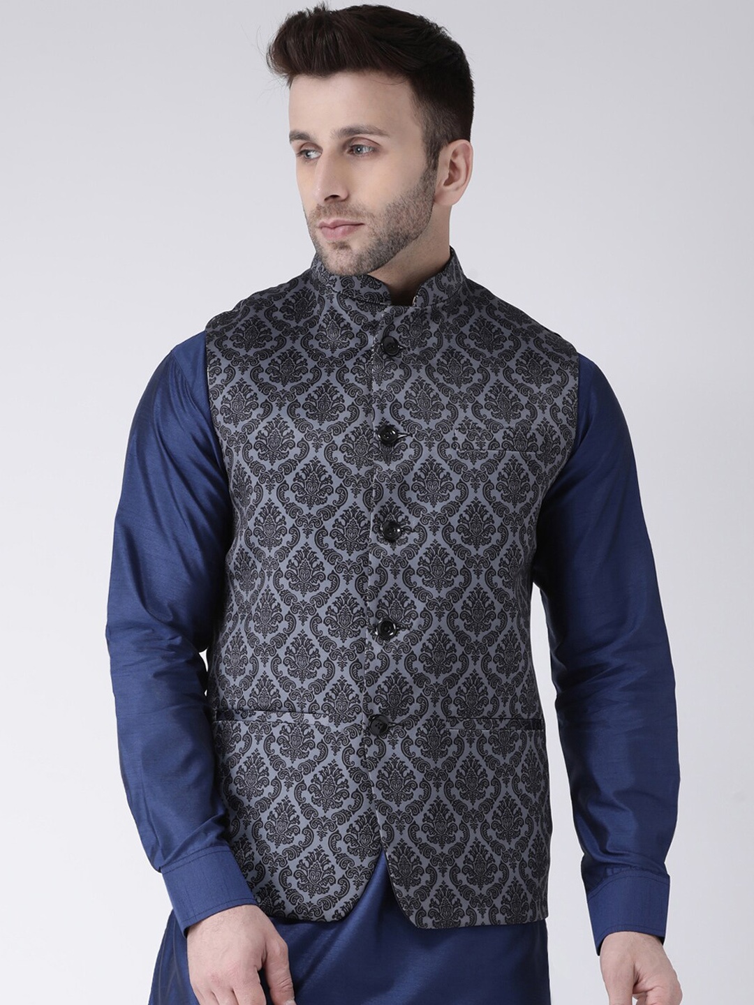 

Hangup Men Printed Nehru Jacket, Black