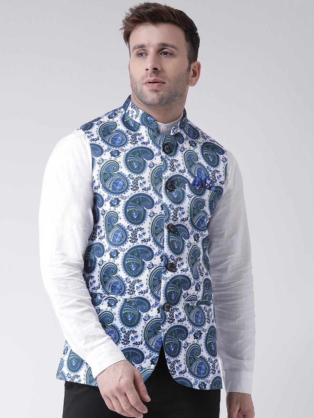 

Hangup Men Printed Nehru Jacket, Blue