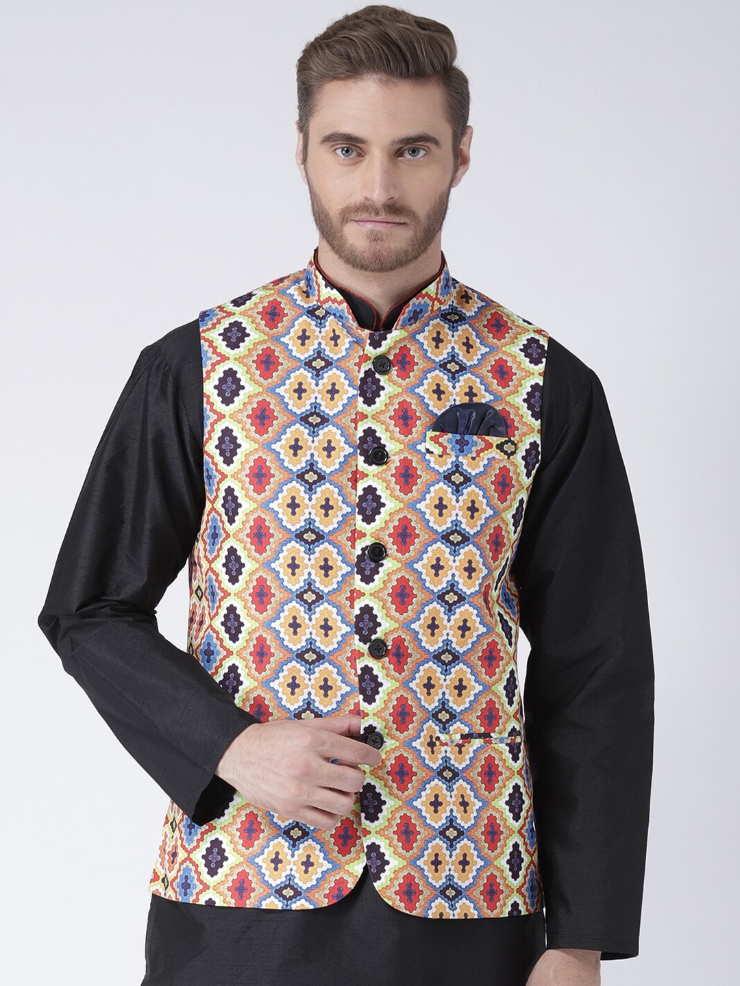 

Hangup Men Printed Woven Nehru Jacket, Black