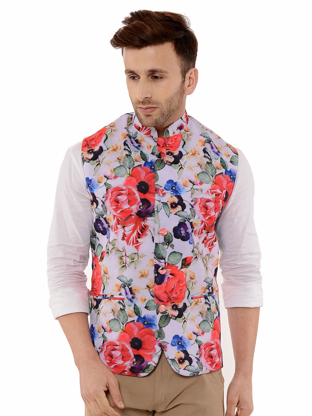 

Hangup Men Printed Mandarin Collar Nehru Jackets, White