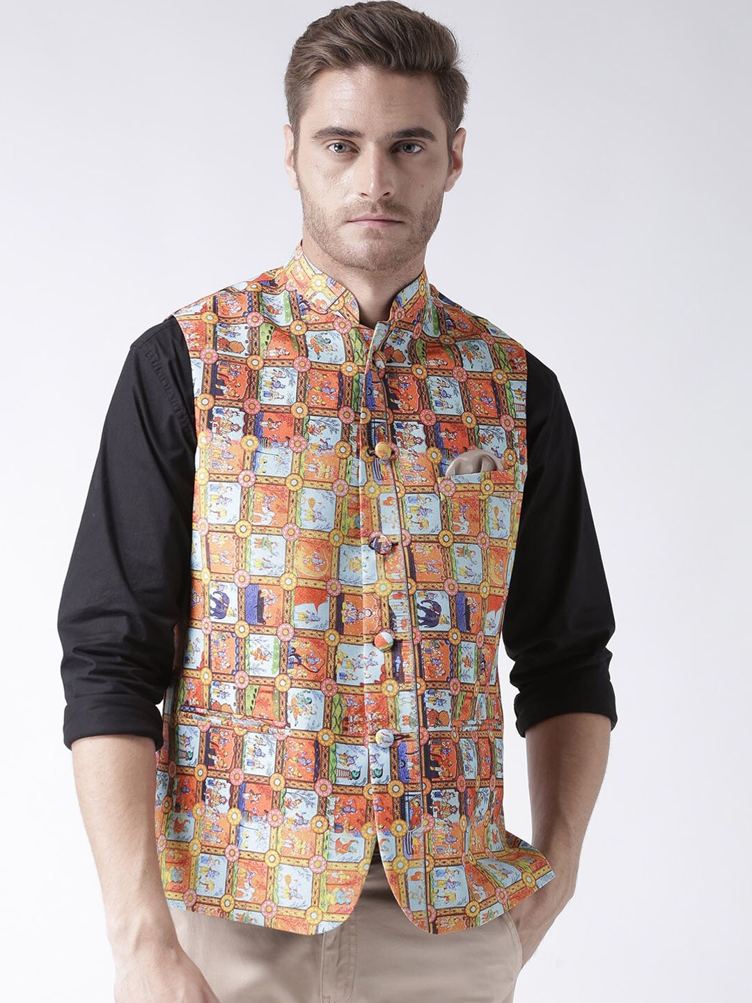 

Hangup Men Printed Mandarin Collar Nehru Jacket, Orange