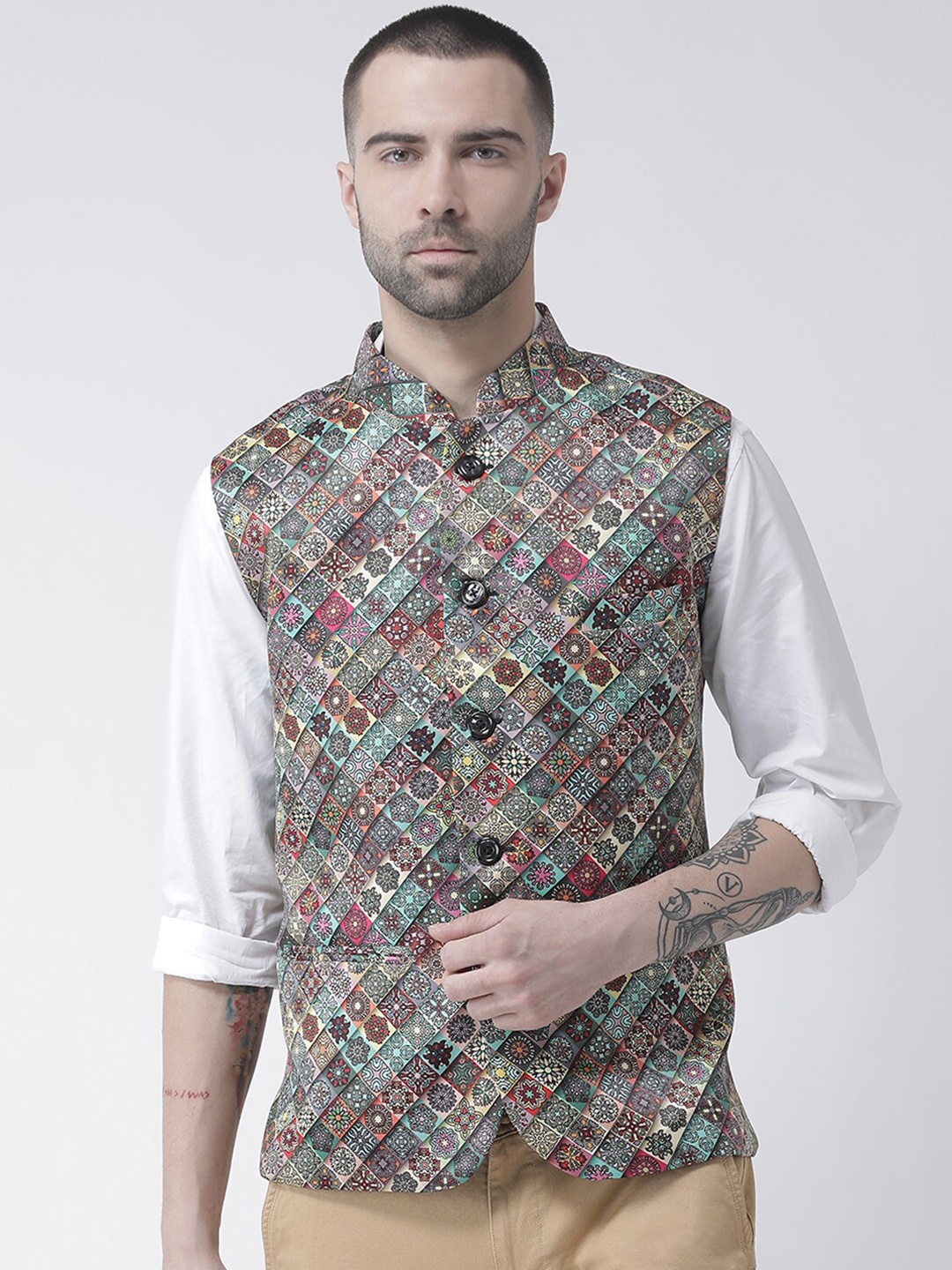 

Hangup Men Printed Nehru Jacket, Black