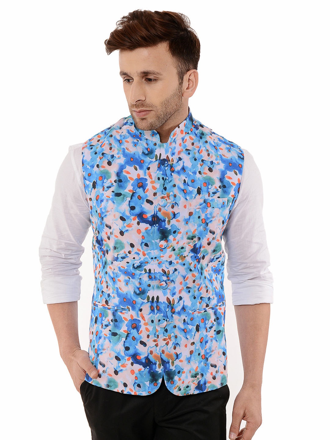 

hangup plus Men Printed Woven Nehru Jacket, Blue