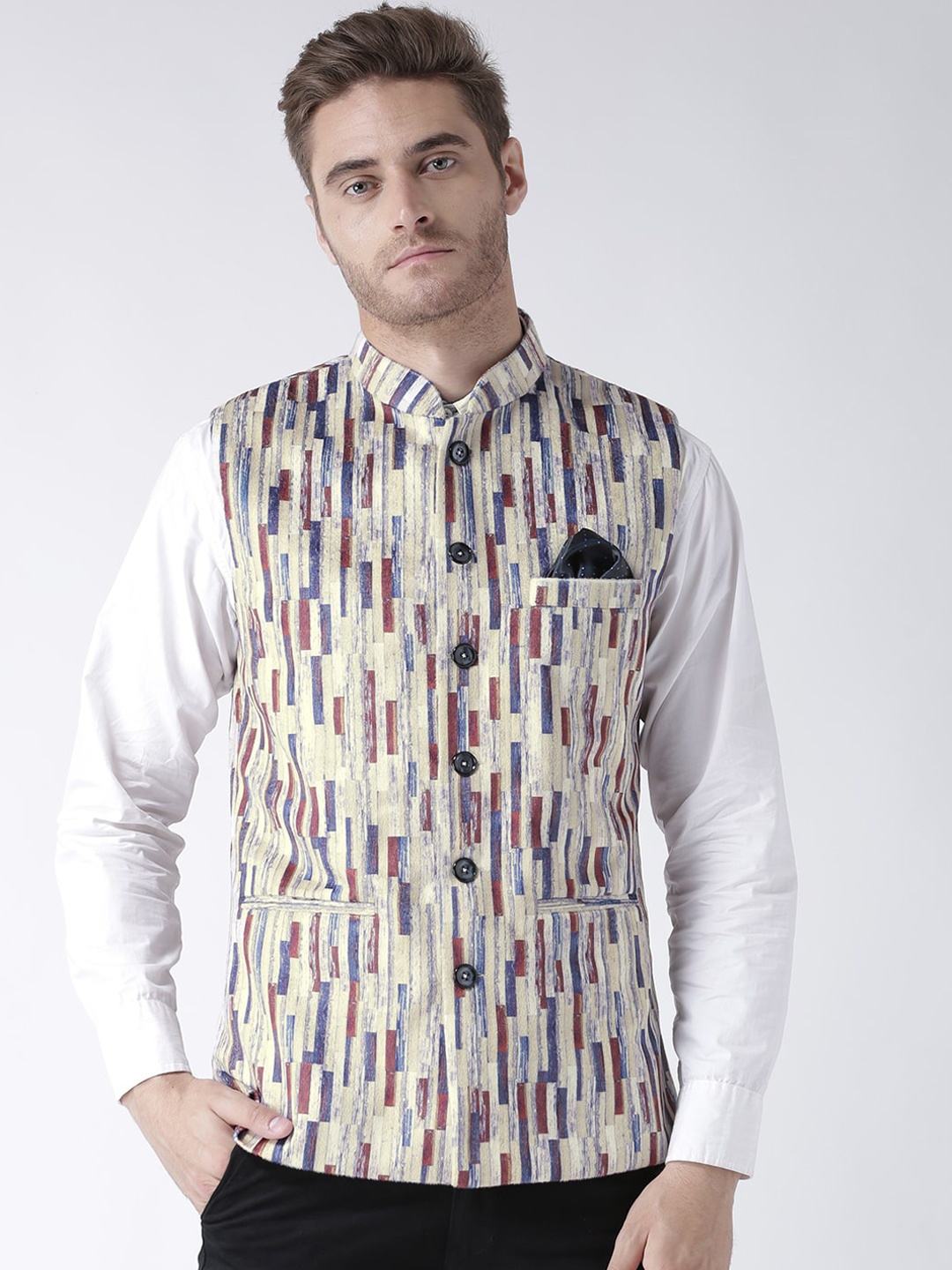 

Hangup Men Printed Mandarin Collar Nehru Jacket, Beige