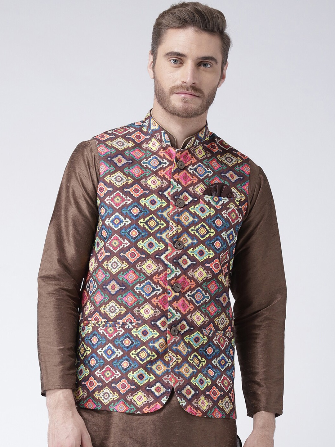 

Hangup Men Printed Mandarin Collar Nehru Jackets, Brown