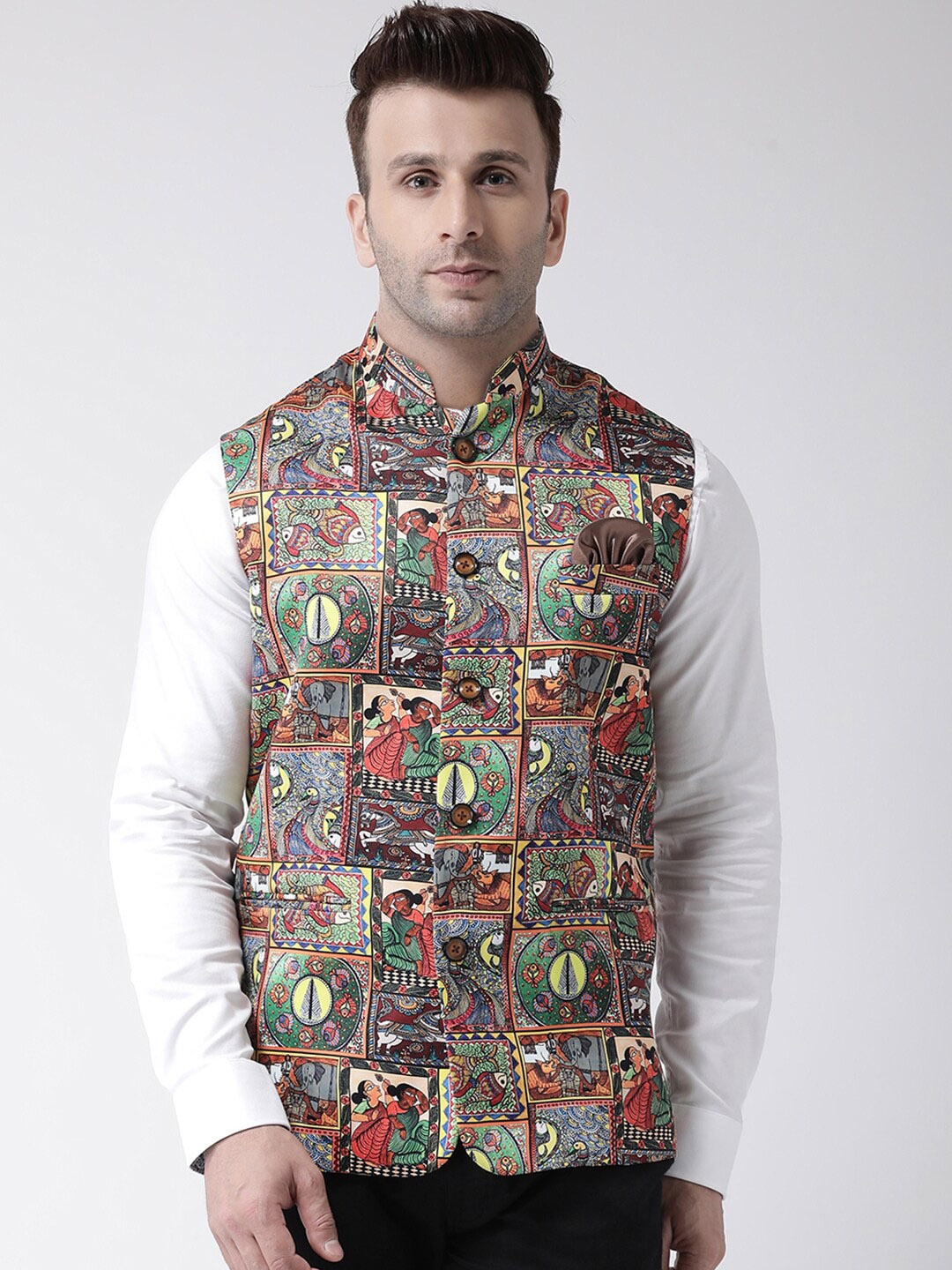 Hangup Men Printed Woven Nehru Jacket, Brown