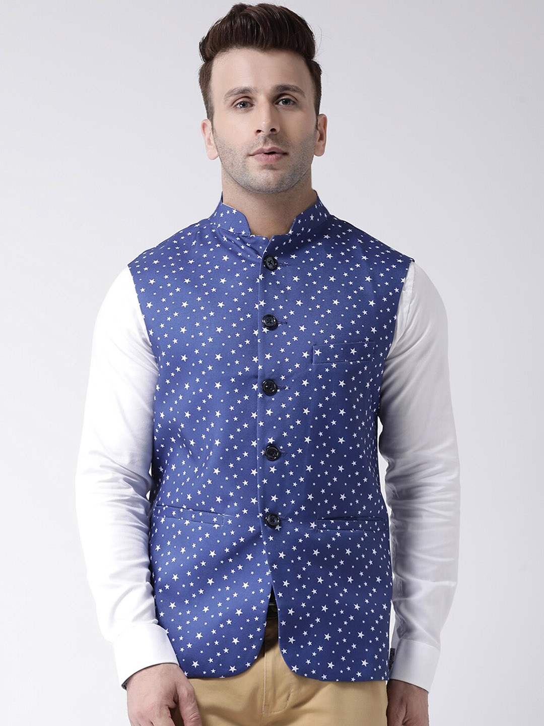 

Hangup Men Printed Woven Nehru Jacket, Blue