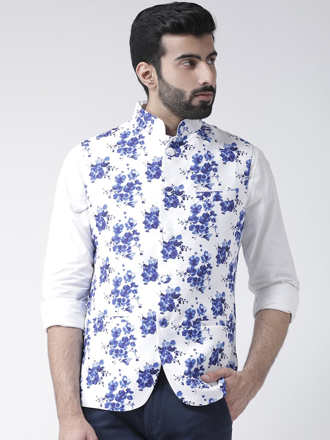 

Hangup Men Floral Print Woven Nehru Jacket, White