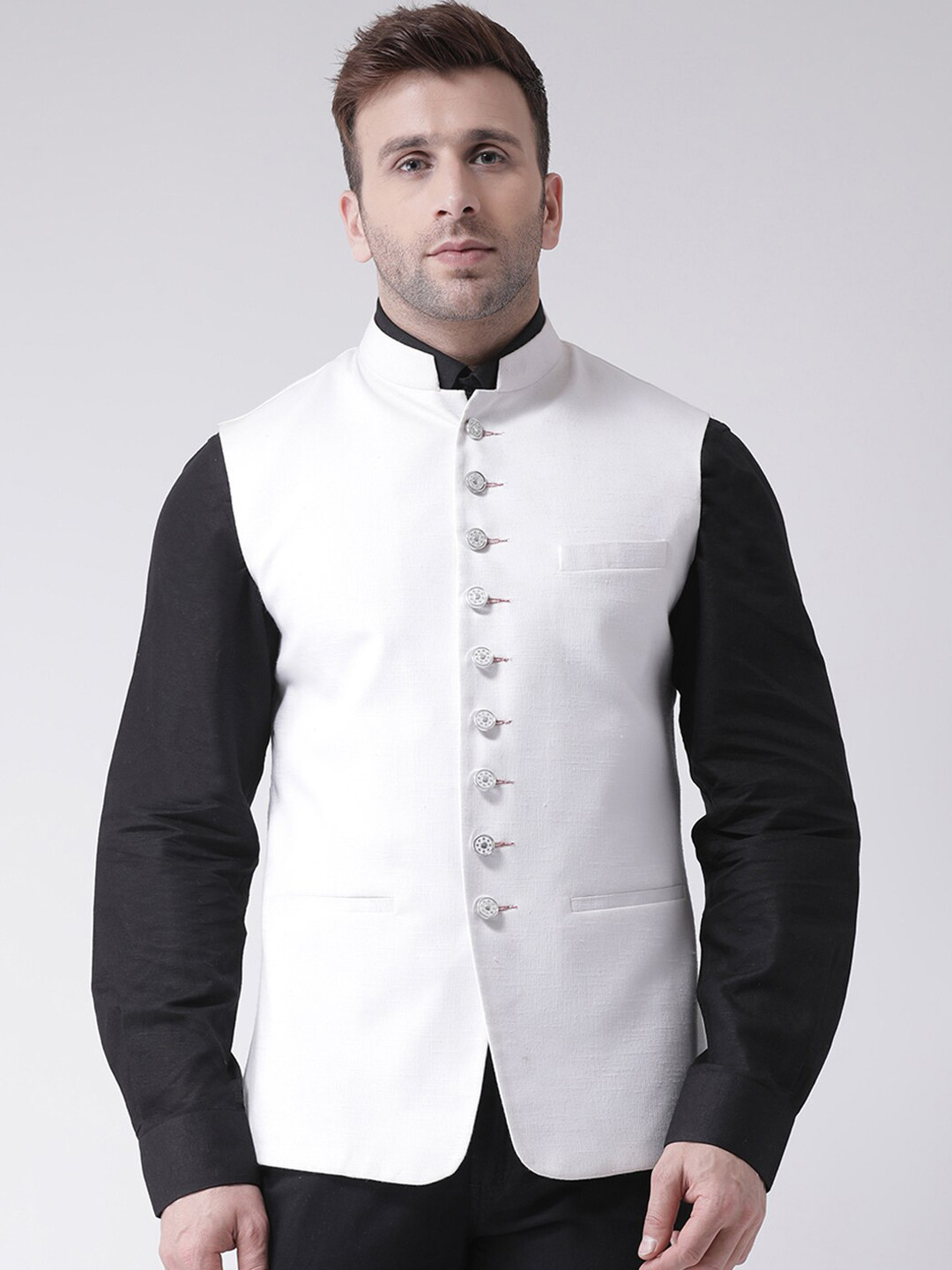 

Hangup Men Mandarin Collar Nehru Jacket, White