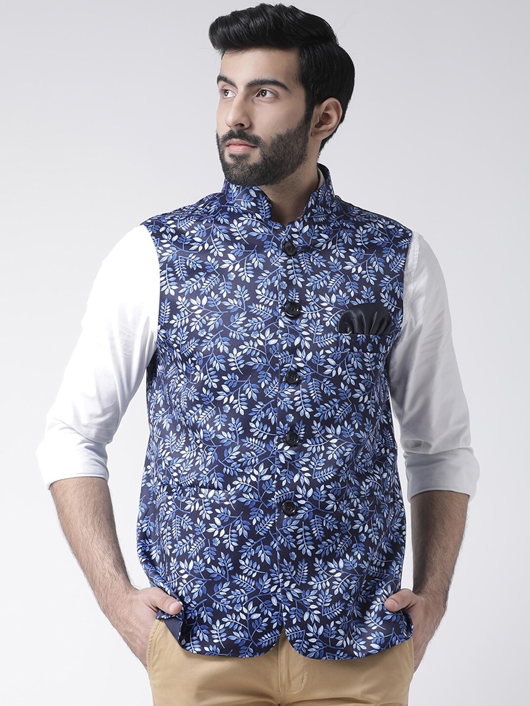 

Hangup Men Printed Woven Nehru Jacket, Navy blue