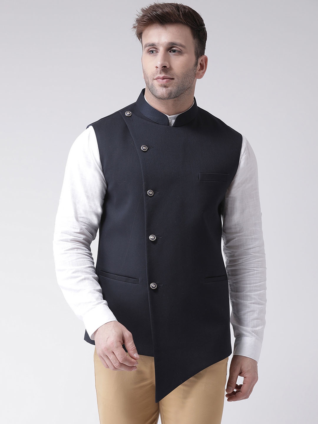 

Hangup Men Woven Sleeveless Nehru Jacket, Navy blue