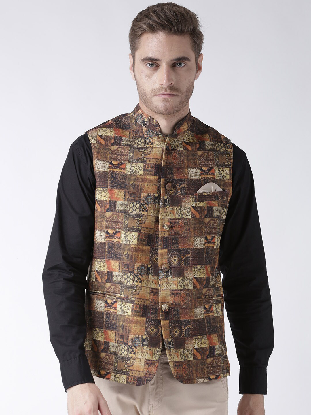

Hangup Men Printed Woven Nehru Jacket, Beige