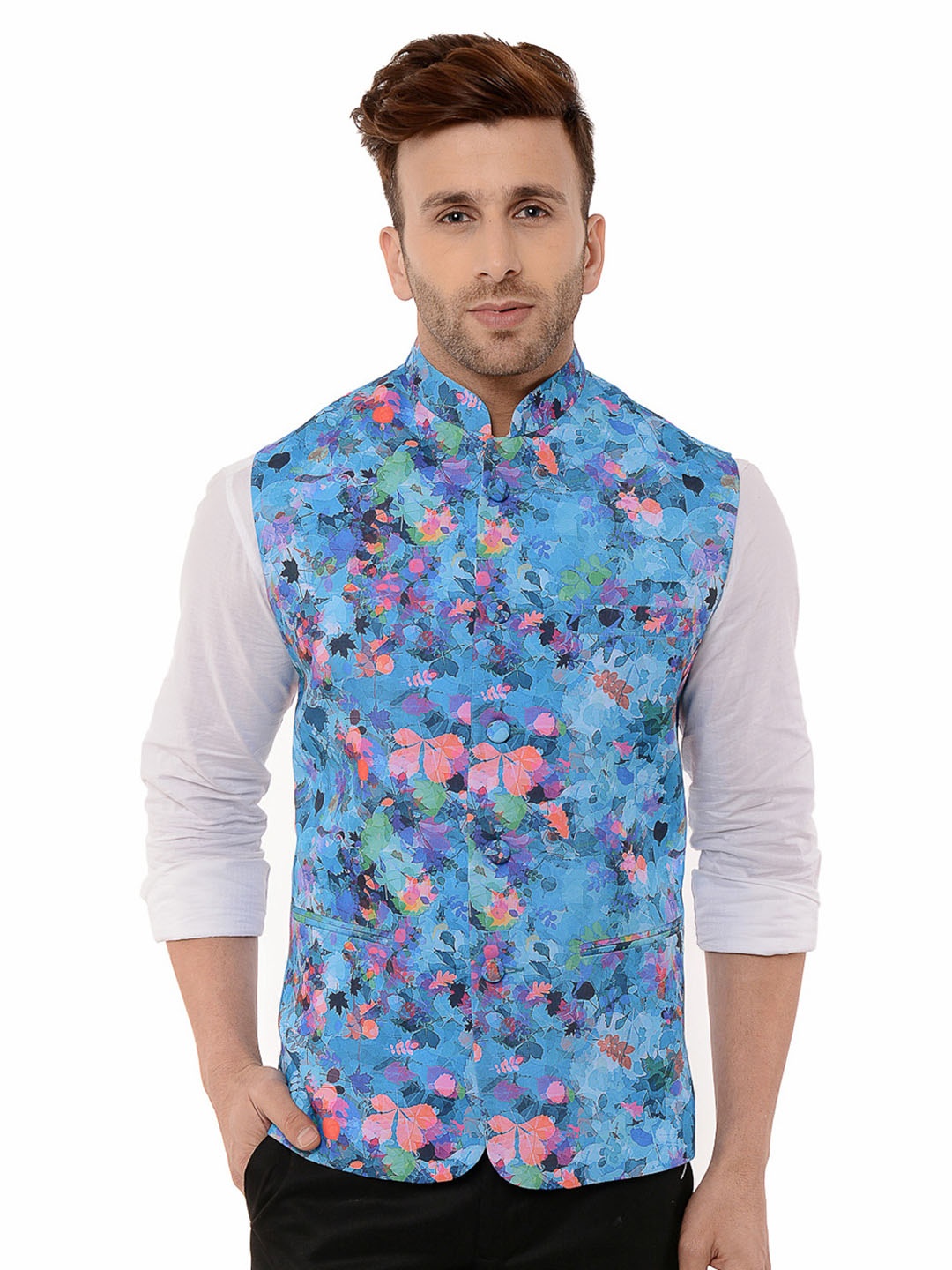 

Hangup Men Printed Nehru Jacket, Blue