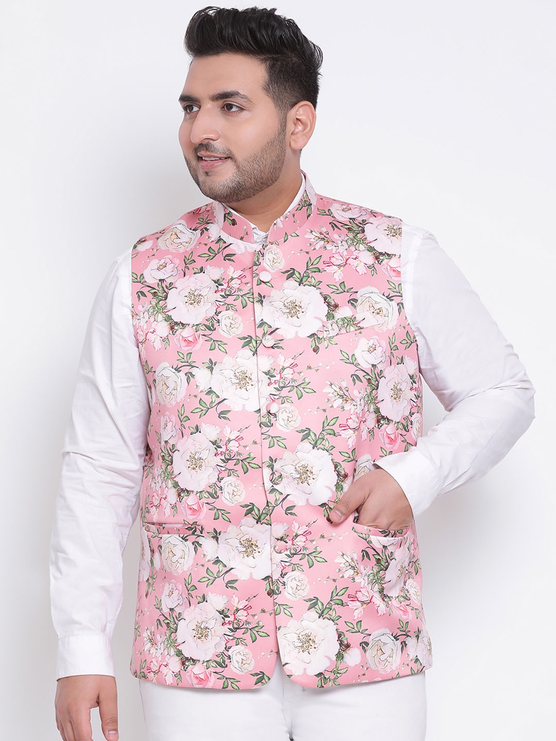 

Hangup Men Floral Printed Woven Nehru Jacket, Pink