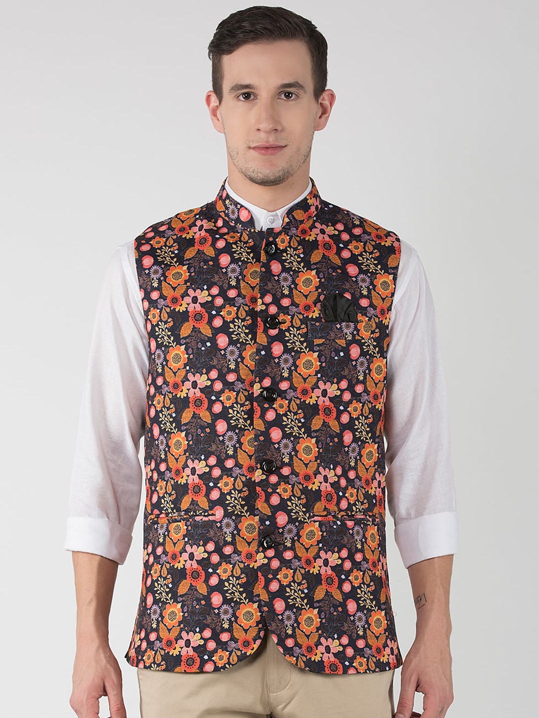 

Hangup Men Printed Woven Nehru Jackets, Black