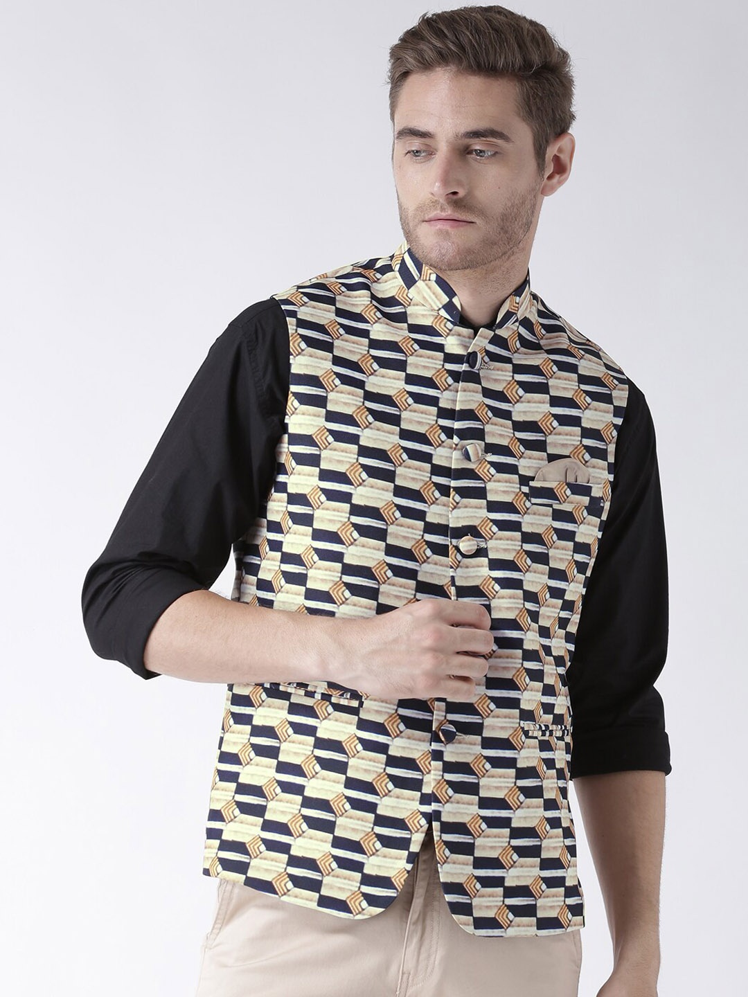 

Hangup Men Printed Woven Nehru Jacket, Black