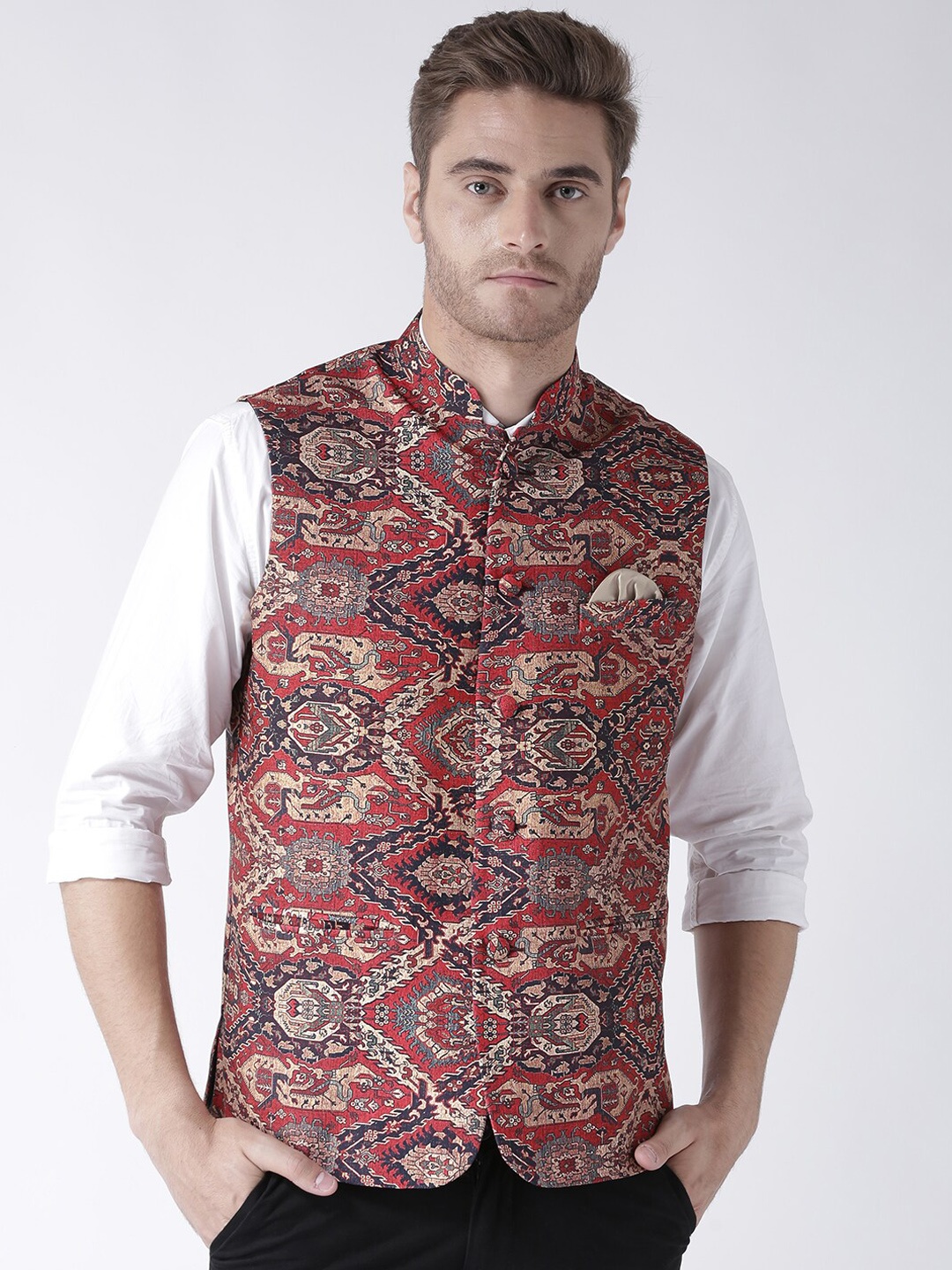 

Hangup Men Printed Woven Nehru Jacket, Red