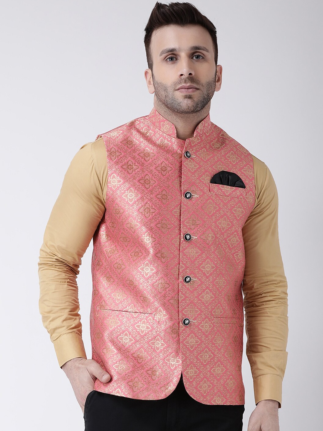 

Hangup Men Woven-Designed Nehru Jacket, Pink