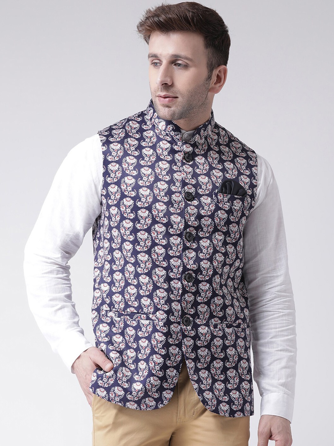 

Hangup Men Printed Nehru Jackets, Navy blue