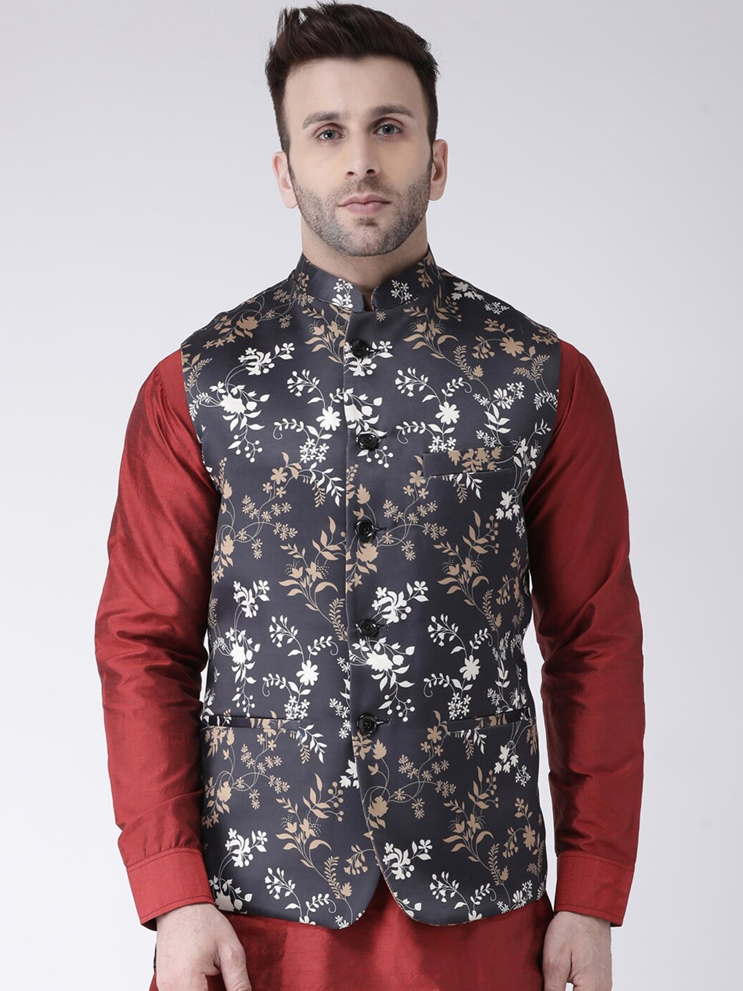 

Hangup Men Printed Nehru Jacket, Black
