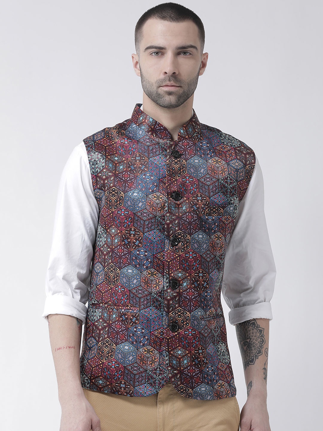 

Hangup Men Printed Woven Nehru Jacket, Maroon