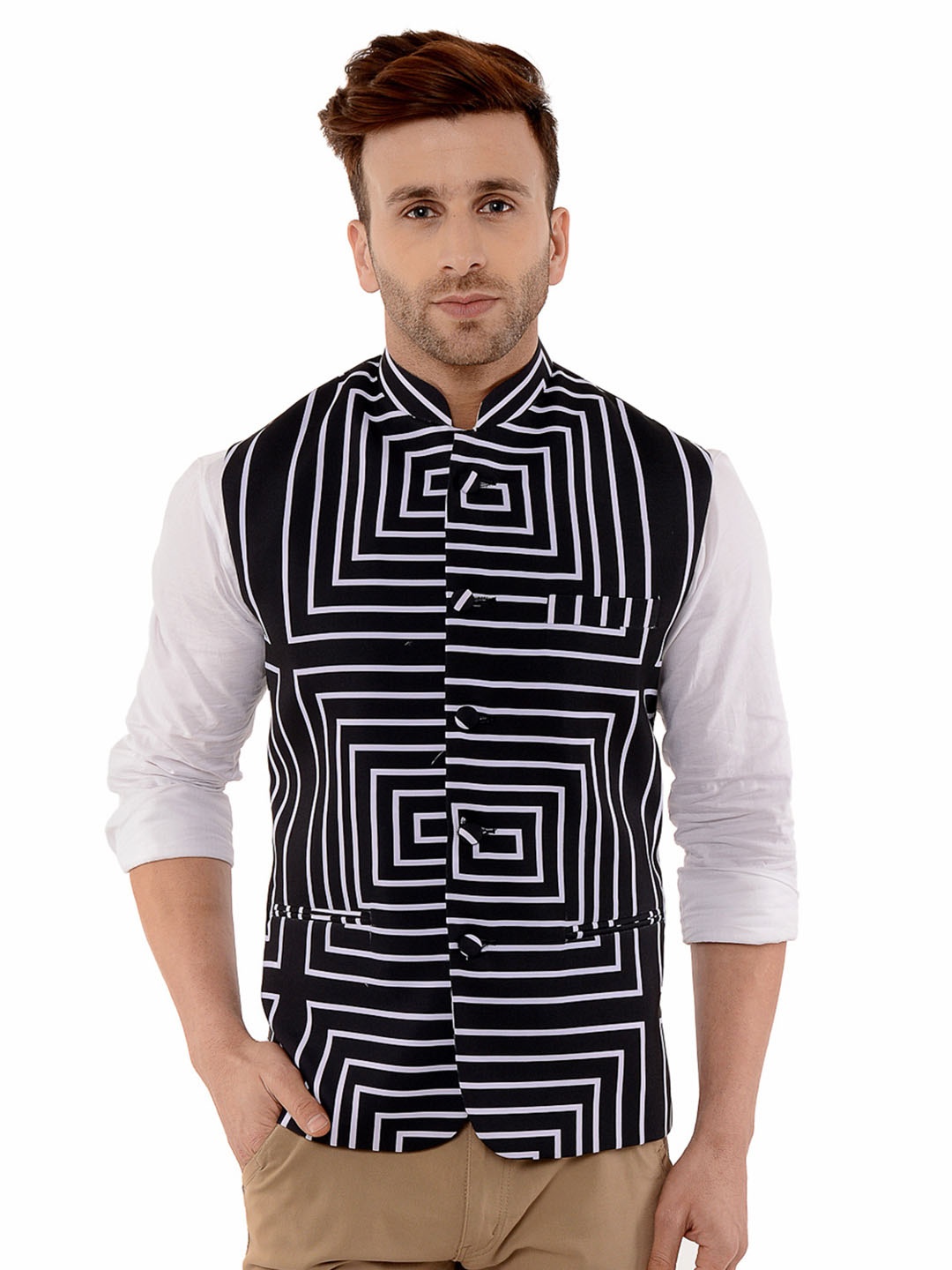 

Hangup Men Printed Woven Nehru Jacket, Black