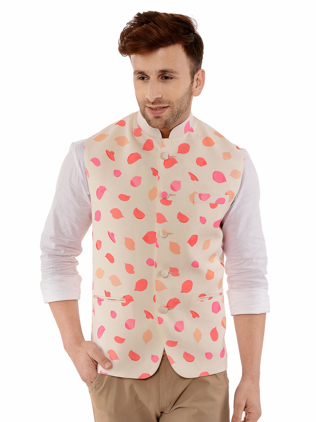 

Hangup Men Printed Woven Nehru Jacket, Beige