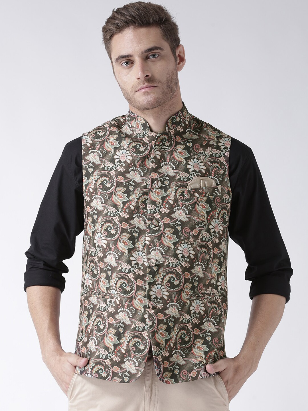 

Hangup Men Printed Nehru Jackets, Olive