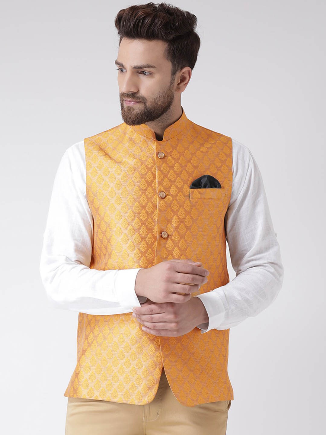 

Hangup Men Woven Design Nehru Jacket, Yellow