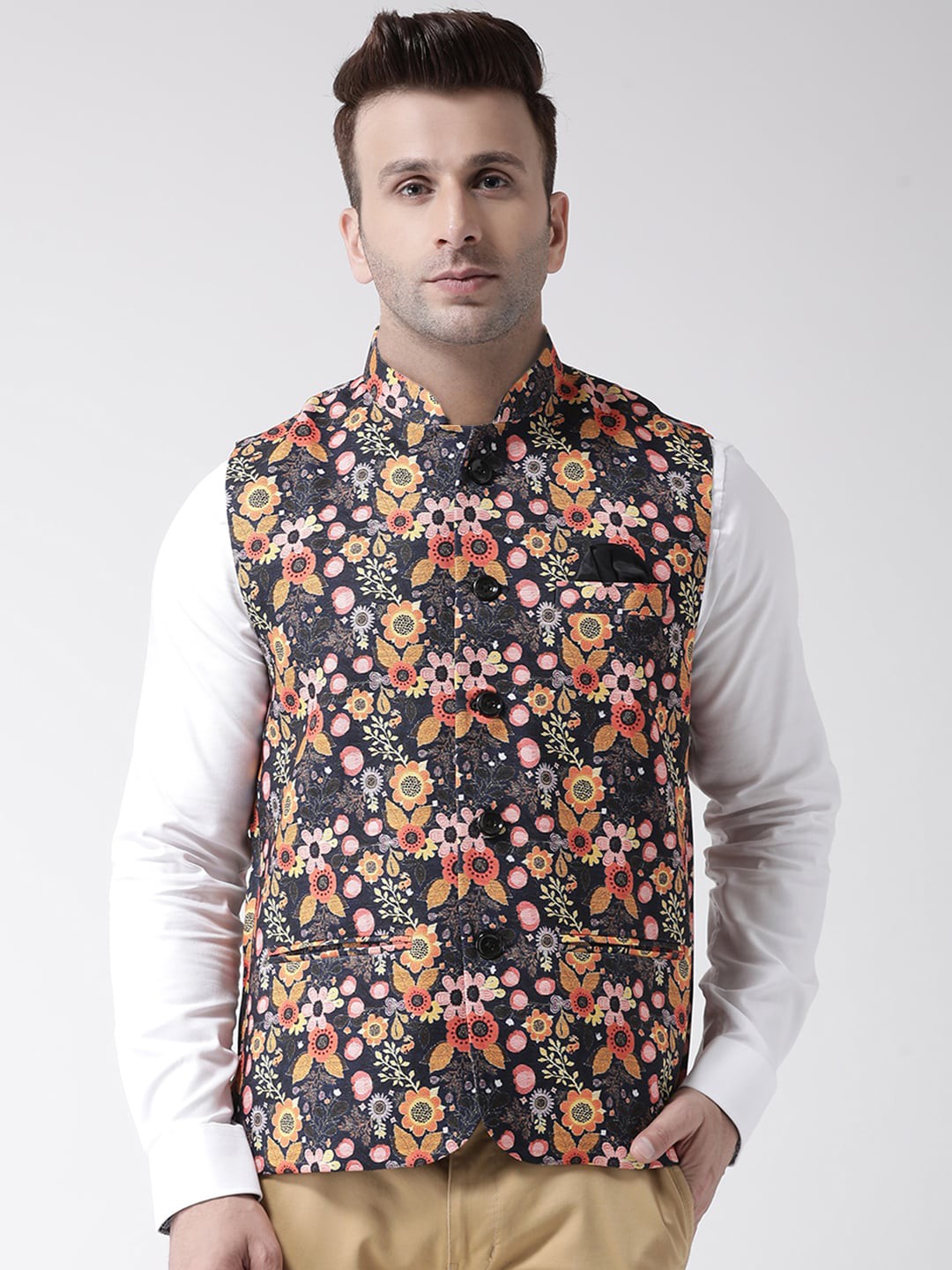 

Hangup Men Printed Woven Nehru Jacket, Black