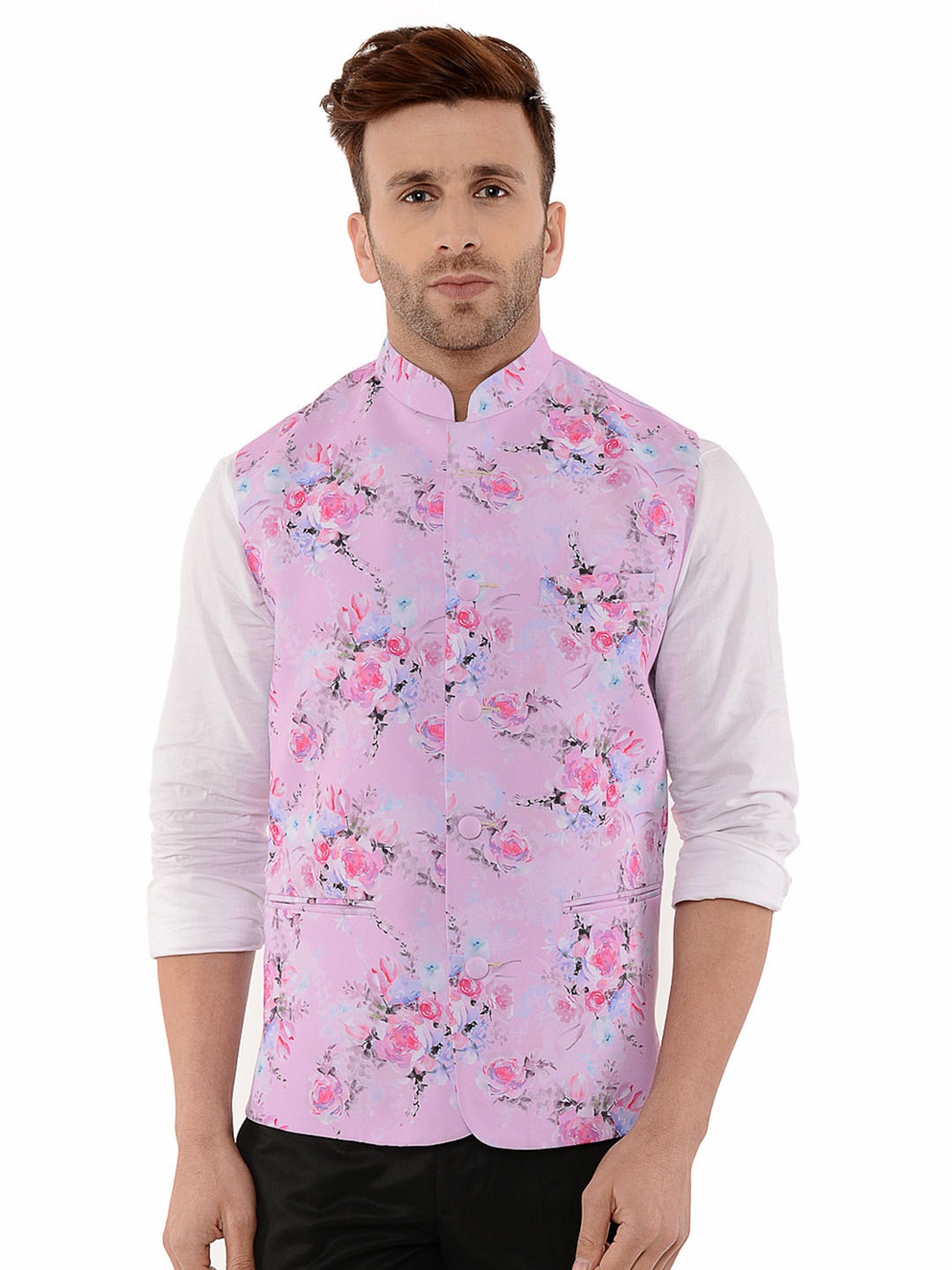 

Hangup Men Printed Woven Nehru Jacket, Pink