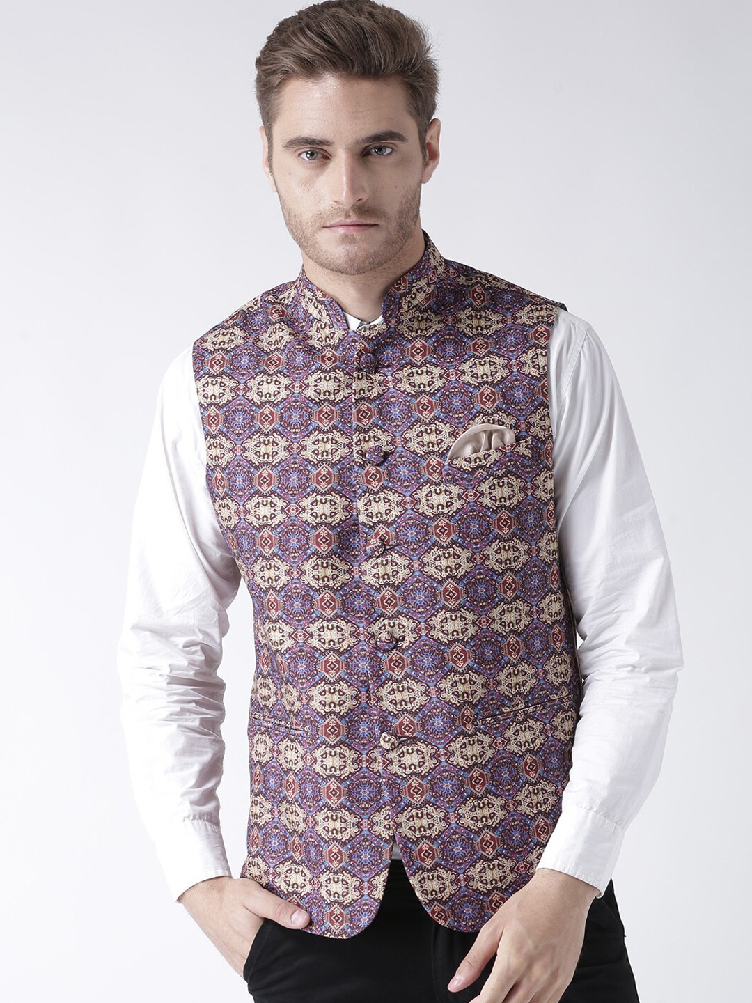 

Hangup Men Printed Nehru Jacket, Brown